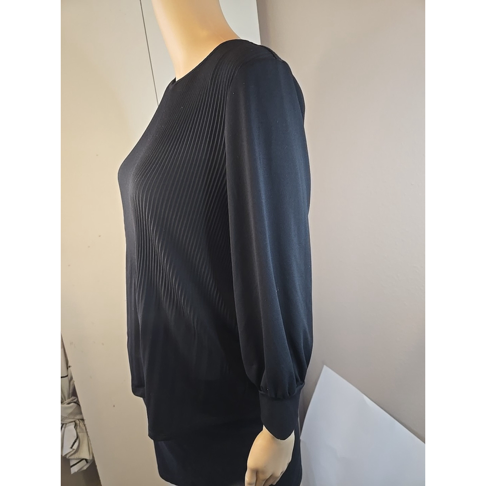 Adrianna Papell Women's Black Pleated Flowy 3/4 Sleeve Top Size Medium - Picture 3 of 8